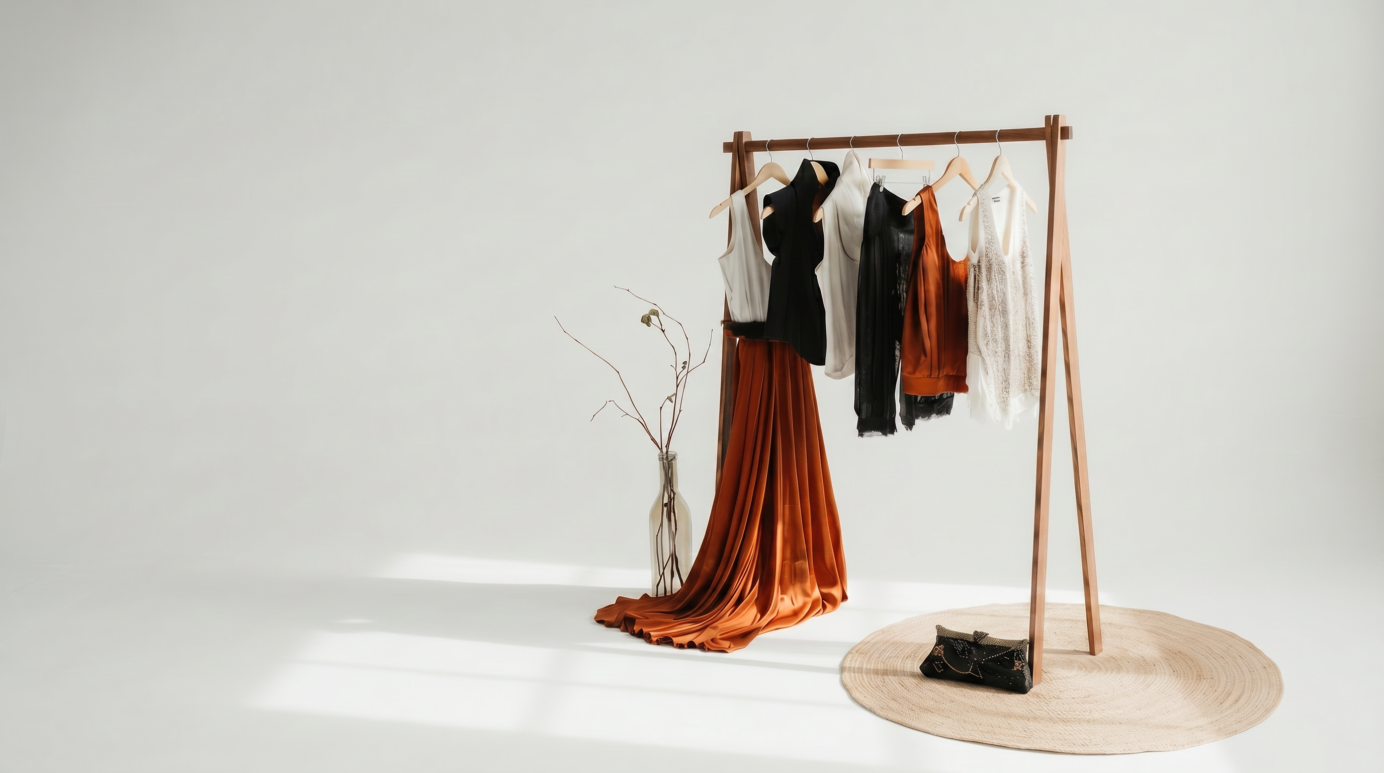 ERICA REED garments displayed on a wooden clothing rack