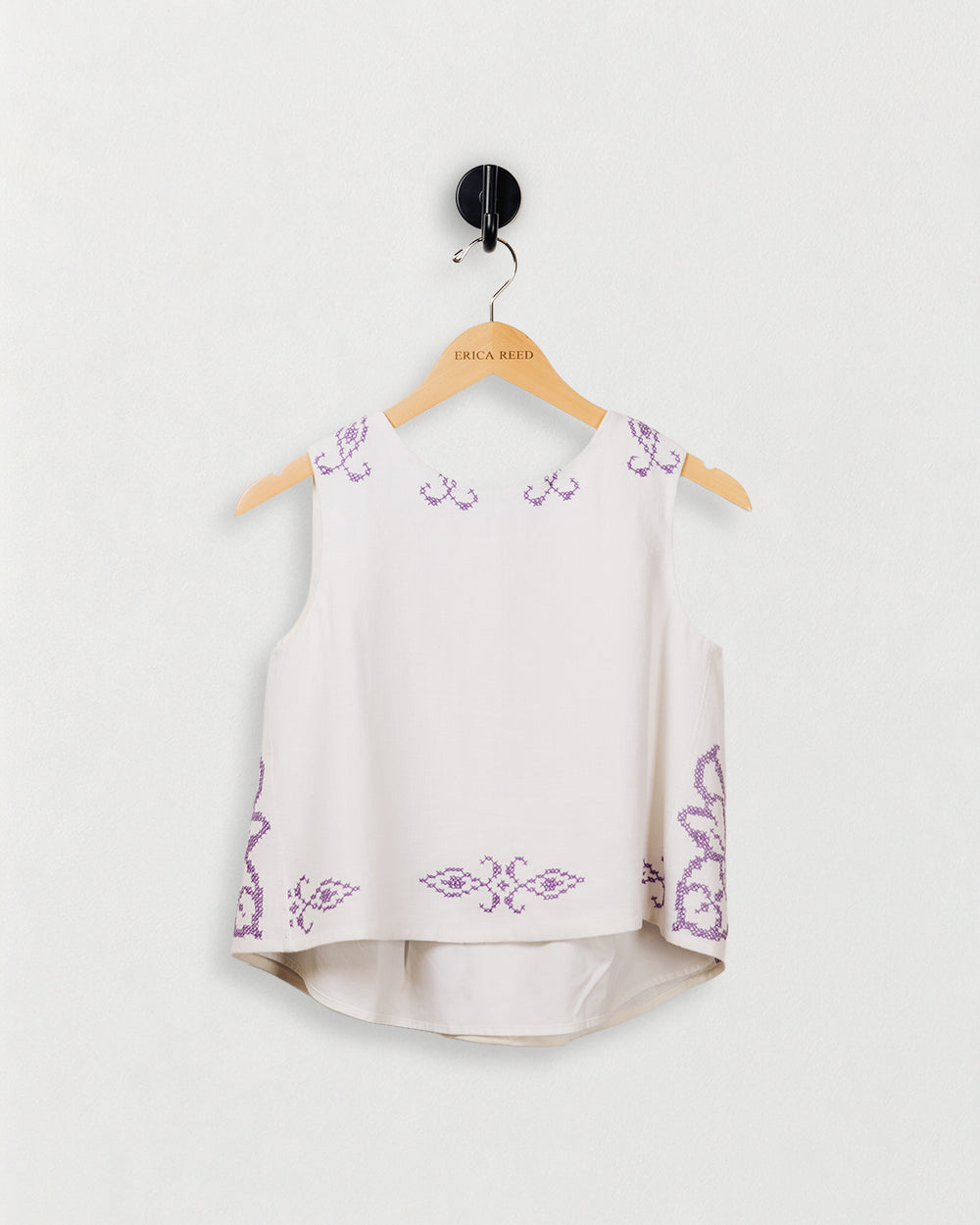 Pleated Back Sleeveless Top — front view on an ERICA REED hanger