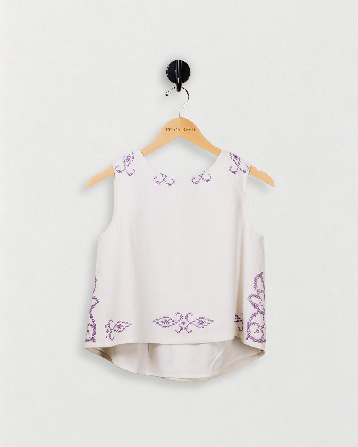 Pleated Back Sleeveless Top — front view on an ERICA REED hanger