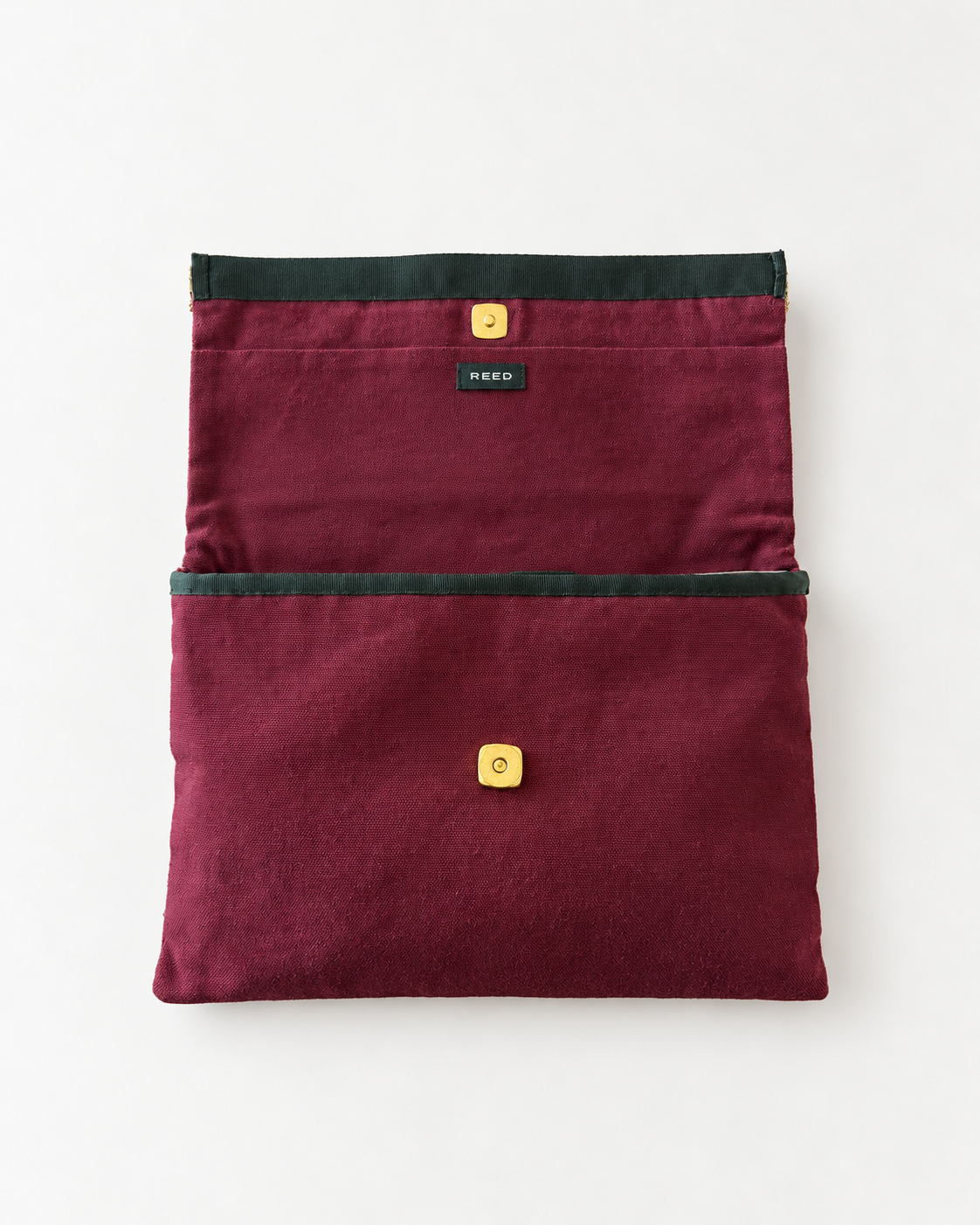 Embellished Foldover Clutch — open view showing snap closure and ribbon edging